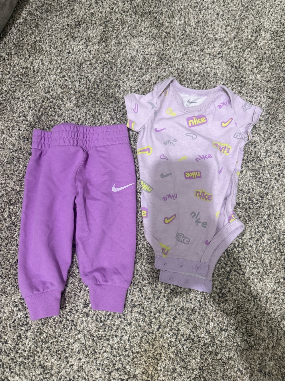 Nike Lavender & Yellow Logo Baby One-Piece Bodysuit with Purple Pants